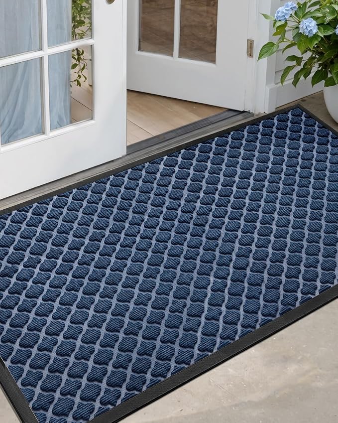 DEXI Front Door Mat Outside Entrance, 27.5x59 Heavy Duty Entry Doormat Dirt Trapper with Rubber Back, Non Slip Low Profile Floor Mats for Entryway Exterior Patio, Floral Blue