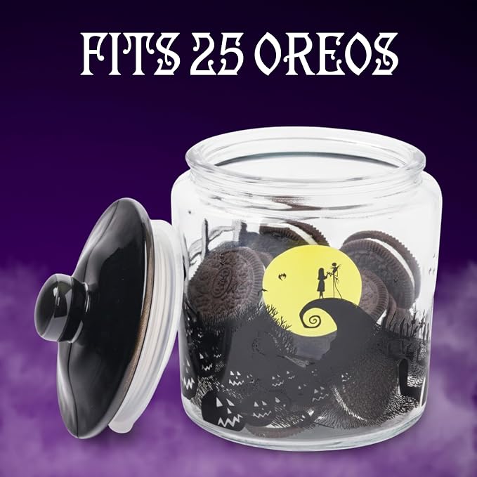 Silver Buffalo Disney The Nightmare Before Christmas, Glass Jar with Lid | Tim Burton, Moon Hill, Graveyard Scene, Jack Skellington and Sally, Cookie Snack Candy, Small Size