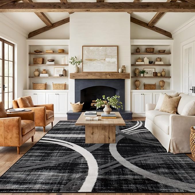 Rugshop Wavy Circles Modern Non-Shedding Area Rug Black 10' x 14' | High Traffic,Fade Resistant, Living Room, Bedroom, Dining Room, Large Areas,Basement,Open Spaces,Kitchen,Oversized Area Rug