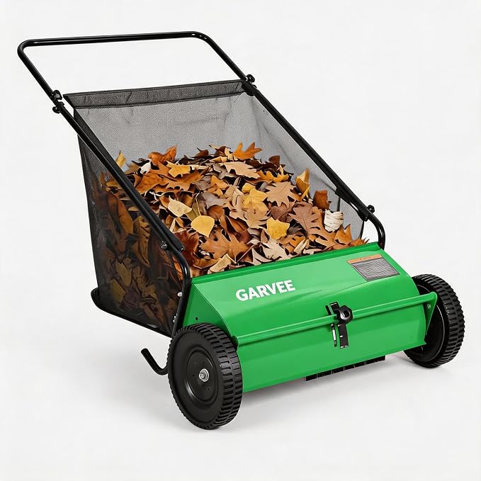 26 Inch Push Lawn Sweeper with Wheels,Manual Push Sweeper for Leaves and Grass Collection,7cu. ft. Hopper Bag,4 Adjustable Spinning Brushes, Ideal for Garden, Patio and Yard Cleanup