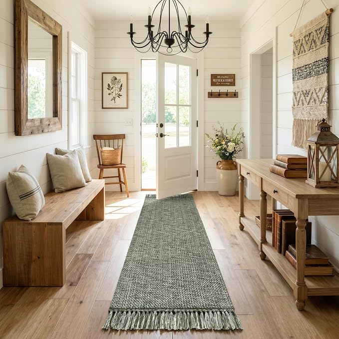 Collive Boho Kitchen Runner Rug, 2' x 7' Sage Green Modern Farmhouse Bathroom Mats, Hand-Woven Washable Rug Runners Hallway Reversible Bedroom Carpet for Laundry Entryway Home Decor