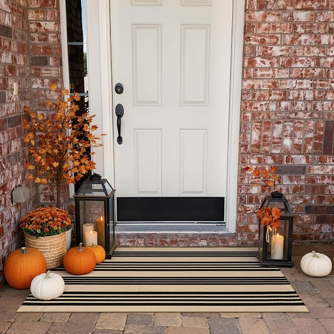 KIMODE Front Door Mats 24"x51", Black and Khaki Striped Layered Door Mats Outdoor,Machine Washable Farmhouse Front Porch Rug Fall Decor Cotton Hand Woven Entryway Rug for Doorway