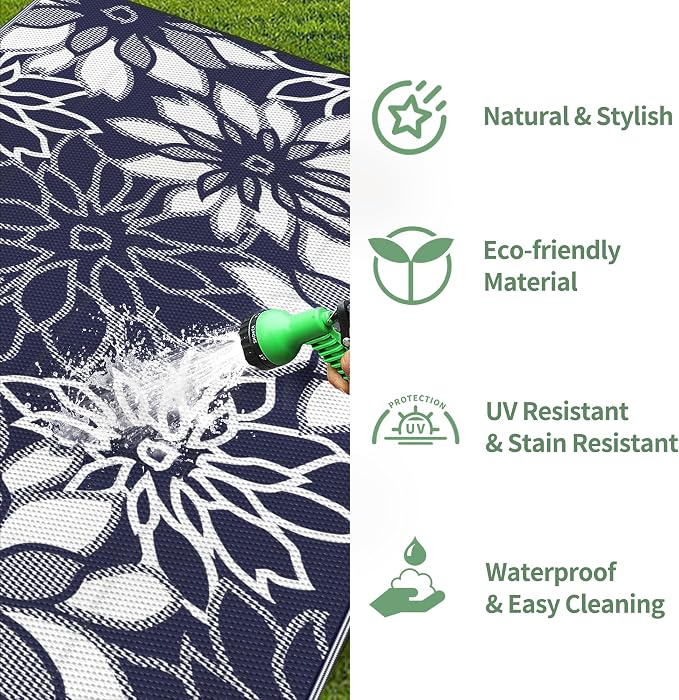 GENIMO Outdoor Rug, Waterproof Plastic Rugs for Patio, 5'x8' Ocean White | Outside Larger Leaf Carpet Mat for Porch Decor, Deck, Balcony, Camping, RV, Backyard, Picnic, Beach, Reversible, Foldable