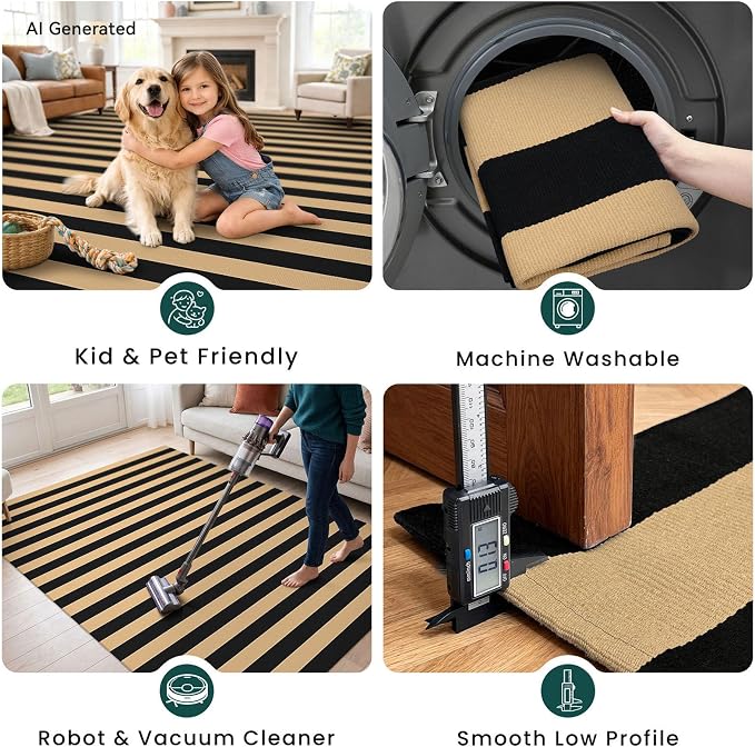 KOZYFLY Striped Rug 2x3 ft Brown and Black Stripes Doormat Cotton Woven Washable Indoor Outdoor Rug Front Door Mat for Entryway Porch Kitchen Patio Decor Small Area Rugs