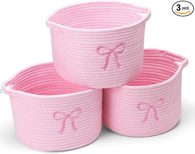 Vesici 3 Pcs Pink Bow Small Baskets Coquette Bow Woven Cotton Rope Storage Basket 9.7'' x 7.1'' Laundry Organizer with Handles for Toys Clothes Organization Nursery Bedroom