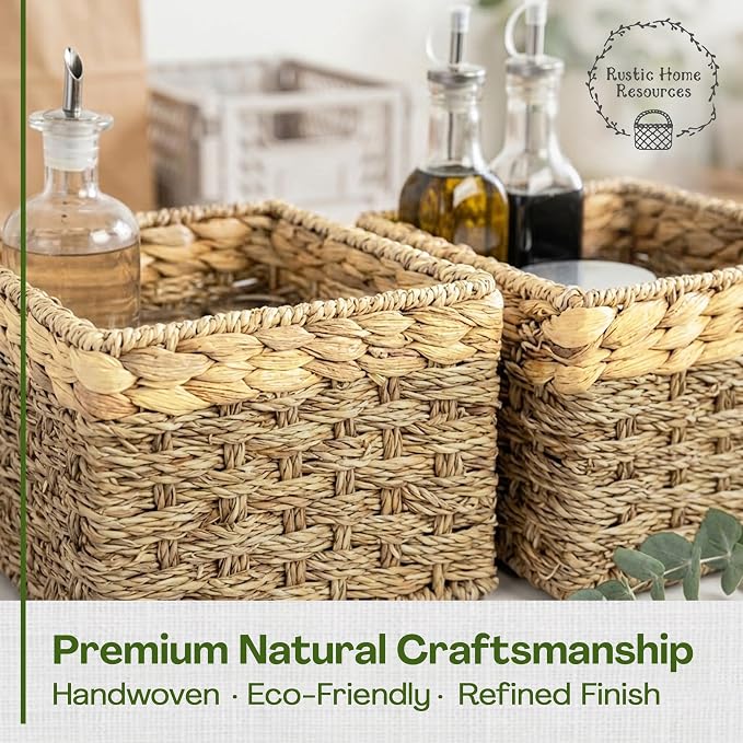 Small Wicker Storage Basket, Set of 2, 8 x 7 x 5.5 Inches | Natural, Woven Baskets for Organizing Living Room, Pantry, Shelves, Wicker, Decorative, Storage, Small