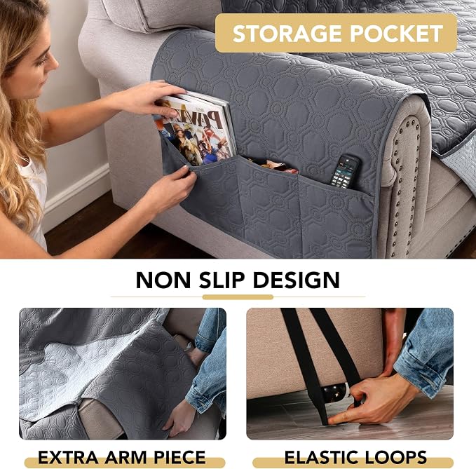 H.VERSAILTEX 100% Waterproof Chair Covers Armchair Triple Non-Slip Chair Covers for Living Room with Storage Pocket Washable Couch Protector for Dogs(Chair, Grey)