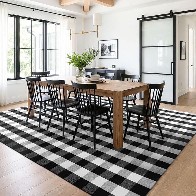 KILOCOCO Buffalo Plaid Checkered Rug 7.5x10 ft Black White Living Room Rug | Machine Washable Rug for Porch Patio, Indoor Outdoor Rugs, Cotton Dining Room Carpet, Low Pile Farmhouse Bedroom Rug