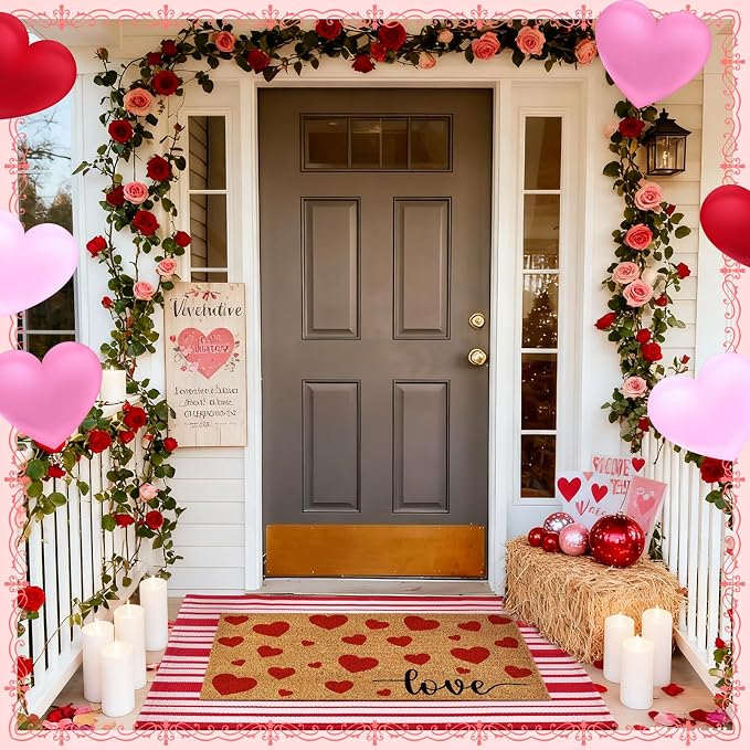 Moucuny 2 Pcs Valentine's Day Coir Welcome Doormat Outdoor Valentine's Day Love Heart Rug Layered Red and White Stripe Mat Red Heart Mat for Front Porch Outdoor Entryway