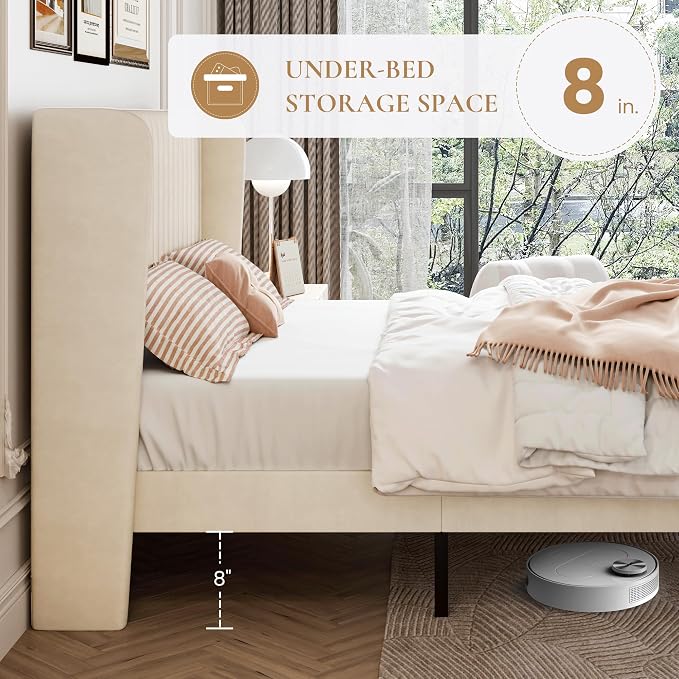 SHA CERLIN Queen Size Velvet Bed Frame, Tufted Wingback Headboard, Cream | 47'' Modern Vertical Channel Headboard, Upholstered Platform Bed, Wood Slats, No Box Spring Needed, Easy Assembly, Noise Free