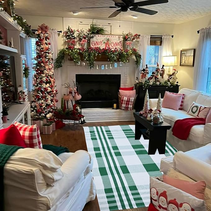Christmas Plaid Outdoor Rug, 4' x 6' Green&White Checkered Indoor/Outdoor Area Rug, Layering Rug for Hello/Welcome Door Mat, Machine Washable Cotton Woven Rug for Farmhouse Front Porch, Entryway