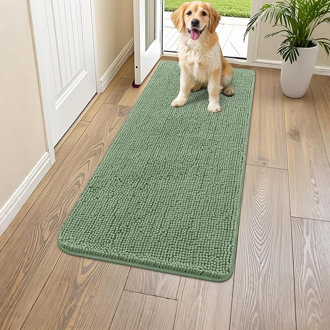 Smiry Dog Door Mat for Muddy Paws 47x24, Absorbent Dirt Trapper, Non-Slip Washable Chenille Entryway Rug for Inside Floor, Olive Green, Classic Solid