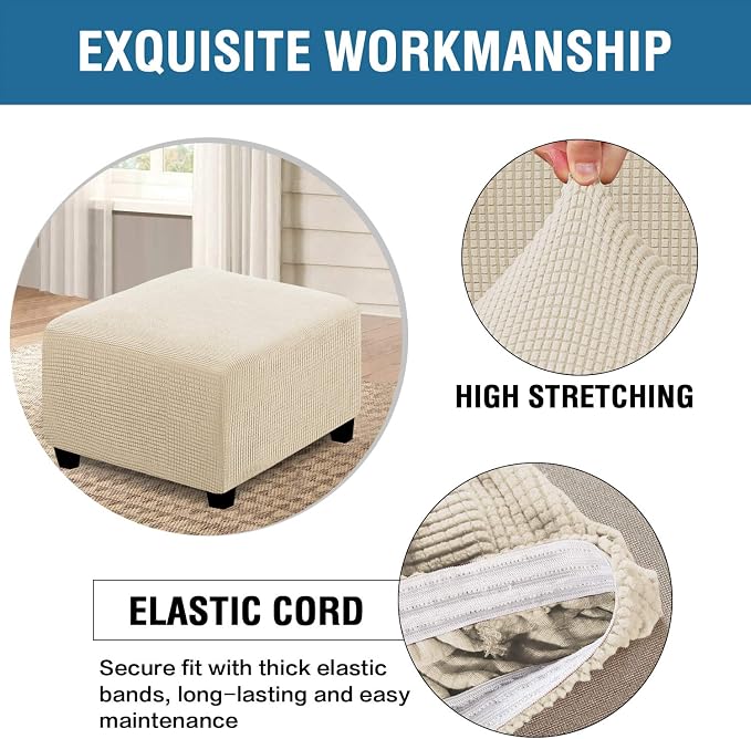 H.VERSAILTEX Square Ottoman Covers Ottoman Slipcovers Folding Storage Stool Furniture Protector Form Fit with Elastic Bottom, Stretch High Spandex Small Checks Jacquard Fabric(Large,Natural)