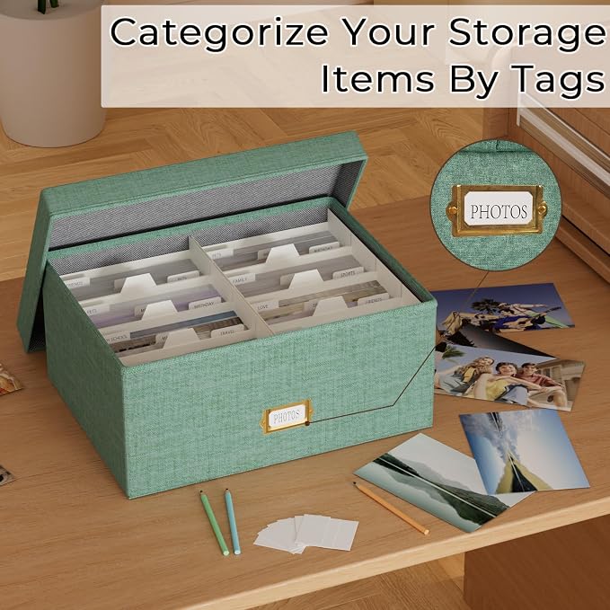 Decorative Photo Storage Box, Linen Photo Box Holds 1700 5x7 Pictures Green | Photo Storage Containers with 8 Dividers, Memory Keepsake Organizer for Photos, Scrapbook Supplies, Cards, Stamps,Archive Box