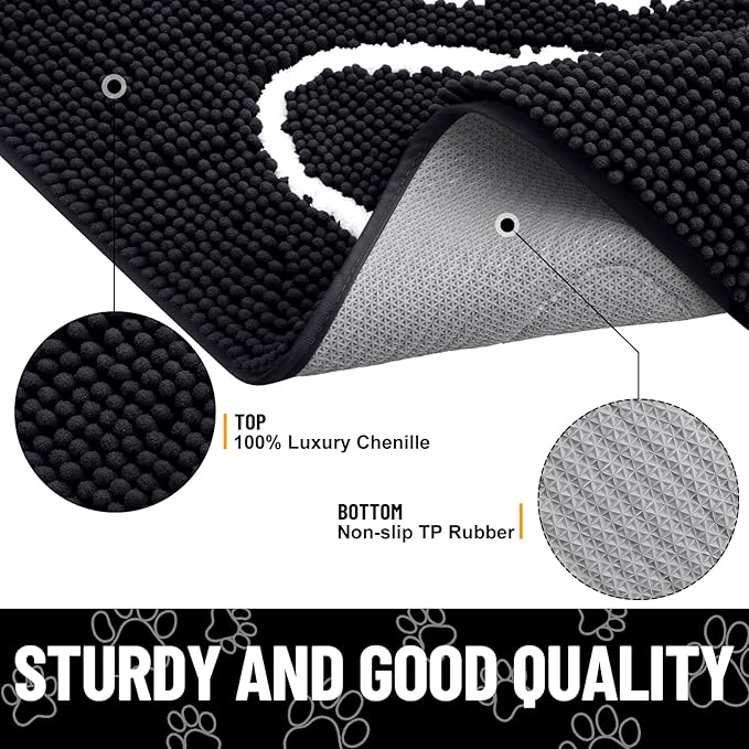 Smiry Dog Door Mat for Muddy Paws, Absorbent Dirt Trapper Non Slip Quick Dry Washable Chenille Mat for Mud Dogs, Entry Rug for Indoor and Outdoor (70x35 Inches, Black and White)