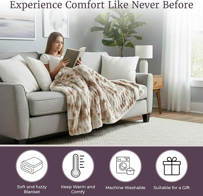 Lavish Home Oversized Ruched Faux Fur Blanket, Cream, 60” x 80” | Machine Washable Jacquard Faux Fur Queen Size Throw for Sofas and Beds, Luxurious Bedding