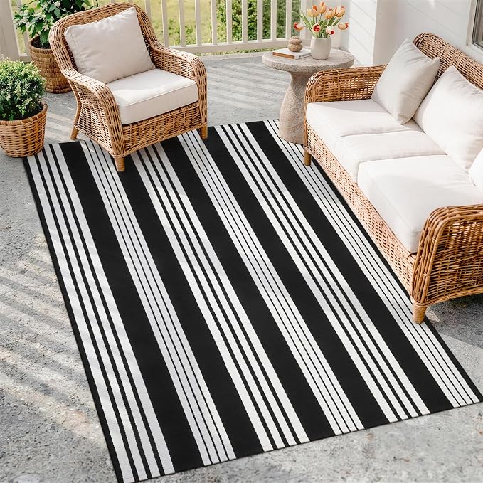 OJIA Black and White Outdoor Rug 4'x6' Washable Patio Rug Porch Camping Rug | Cotton Woven Front Door Mat Outdoor Area Rugs Floor Mat for Farmhouse/Front Porch/Balcony/Entryway/Deck/Home Entrance Decor