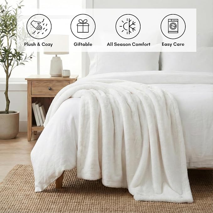 Americanflat 50x60 Double Sided Faux Fur Throw Blanket - Soft and Breathable Throw Blanket for Couch, Bed, Chair - White Faux Fur Blankets Perfect for Home, Bedroom, or Outdoor Use