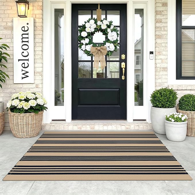 KOZYFLY Striped Rug 3x5 ft Front Door Rugs Cotton Woven Washable Indoor Outdoor Rug Brown Black Entrance Doormat for Front Porch Kitchen Patio Decor Outdoor Mat
