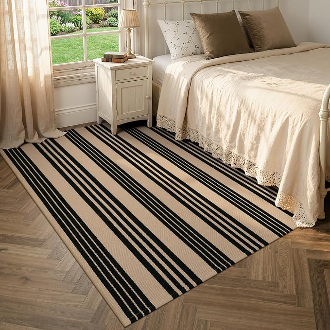 KIMODE Indoor Outdoor Rug 4'x6',Washable Reversible Black and Khaki Striped Rug,Cotton Hand Woven Patio Rug Floor Carpet, Farmhouse Fall Decor Porch Rug for Outdoor Backyard Living Room