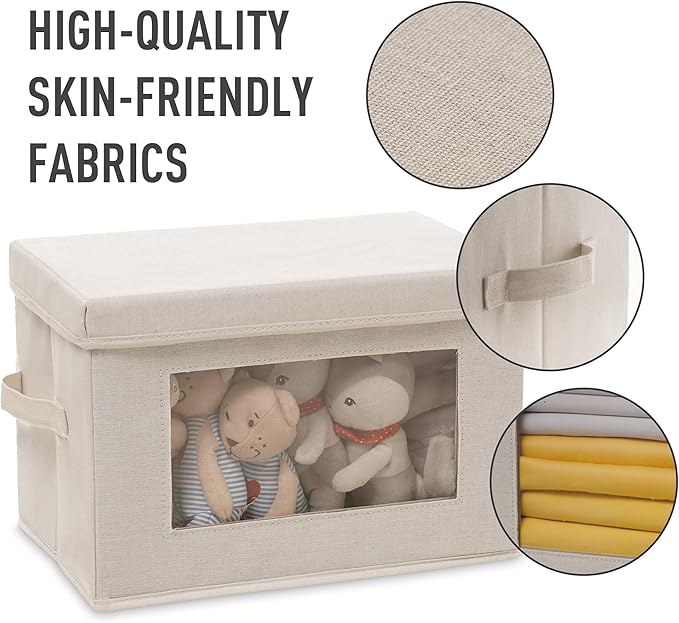 2-Pack Storage Bins with Lids & Clear Window, Foldable Fabric Closet Organizer Boxes, Stackable Cube Baskets with Soft Handles for Clothes & Blankets, 15", Grey