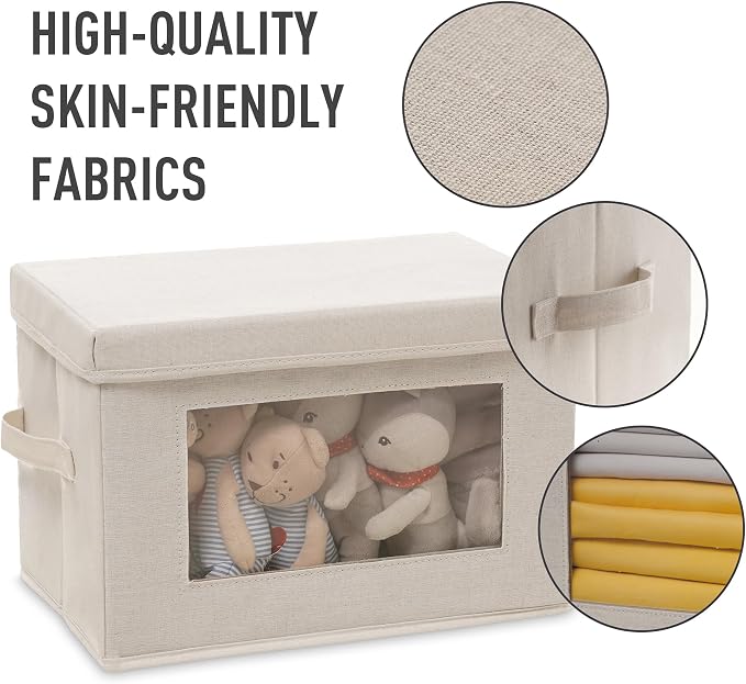 2-Pack Storage Bins with Lids & Clear Window, Foldable Fabric Closet Organizer Boxes, Stackable Cube Baskets with Soft Handles for Clothes & Blankets, 15", Beige