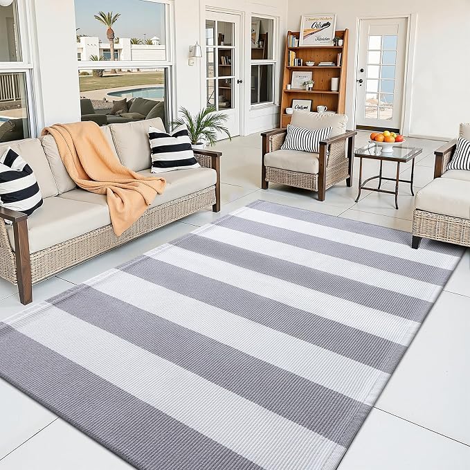 OLANLY Grey and White Striped Rug 3' x 5' – Washable Cotton Indoor Outdoor Doormat for Front Door, Entryway, Kitchen, Porch, Patio Decor