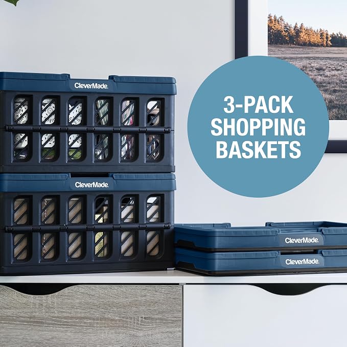 CleverMade Collapsible Shopping Basket, 24L, 3 Pack, Obsidian | Rigid walls protect groceries and supplies. Each basket carries 25 lb, stacks securely, and folds to 2.25 inches.