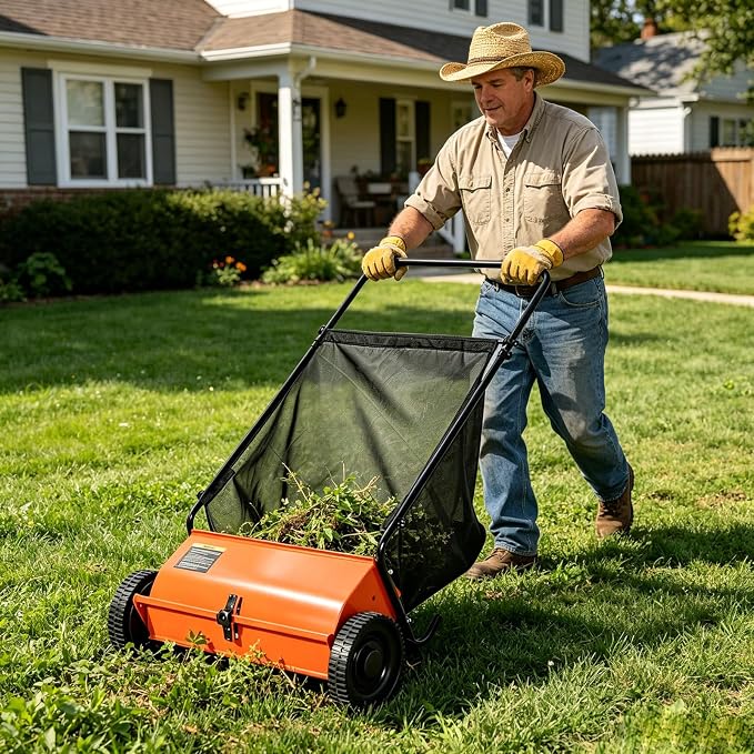Push Lawn Sweeper, 26 in Grass Sweeper Leaf Collector with 7 Cu.ft Mesh Bag, Yard Sweeper with Adjustable Brush Height and 4 Spinning Brushes for Cleanup, Lawn Care Equipment
