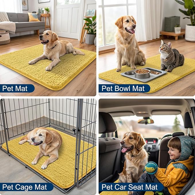 Smiry Dog Door Mat for Muddy Paws 30x20, Absorbent Dirt Trapper, Non-Slip Washable Chenille Entryway Rug for Inside Floor, Yellow, Classic Solid