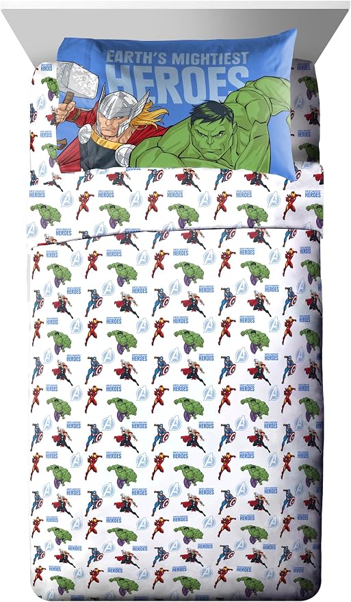Jay Franco Kids Bed Set, Blue, Avengers, 5 Piece Twin | Cozy Soft Bedding for Stylish Room Décor with Comforter, Sheets & Pillow Covers