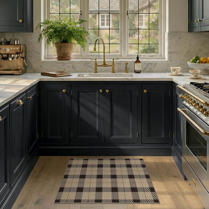 Easy Jute Entryway Rug 2x3, Washable Non Slip Area Rug for Front Door, Indoor Outdoor Farmhouse Plaid Floor Mat for Kitchen Sink, Mudroom, Garage Entry, Low Profile Black & Beige