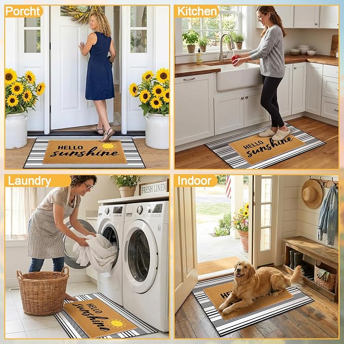 2 Pcs Layered Front Porch Decor, Hello Sunshine Welcome Doormats Summer Coastal Entryway Rug Set, Black and White Striped Crystal Velvet Base and PVC Coil Door Mat, 15.7x23.6 & 23.6x31.5
