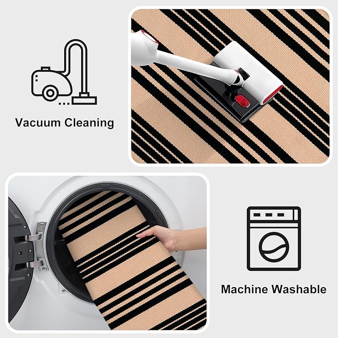 LEEVAN 4'X6' Black and Tan Striped Woven Cotton Reversible Outdoor Rug | Machine Washable Front Porch Rug, Entryway Door Mat, Indoor Layering Carpet for Balcony Farmhouse Laundry Patio