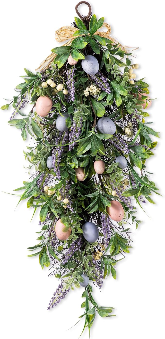 Glitzhome Easter Swag 28 Inch Artificial Spring Teardrop Wreath for Front Door & Porch Wall, Spring Easter Decor Decorative Swag