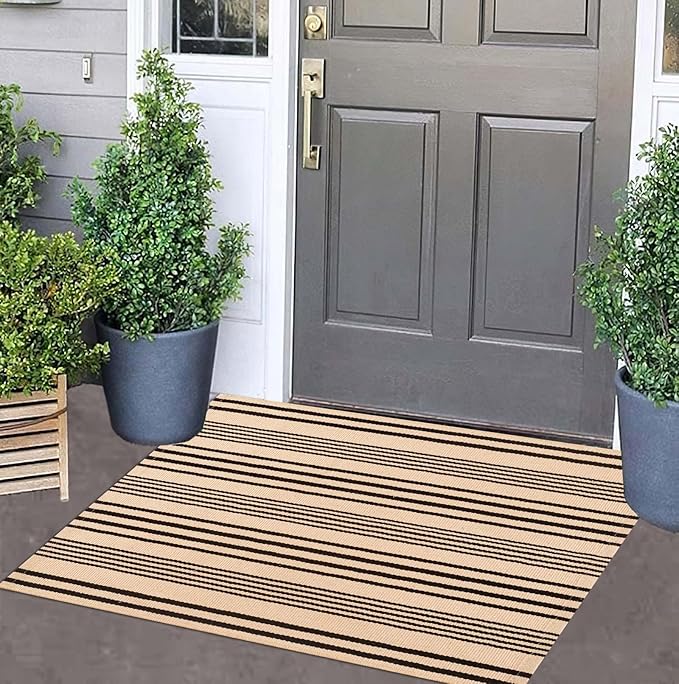 Front Outdoor Door Mat 2'x3',Tan Black Striped Outdoor Rug Machine Washable Cotton Layered Door Mat Entryway Throw Rug for Indoor Entrance