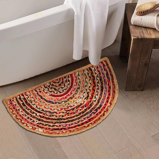 Boho Braided 1.5x3 Area Rug - Jute Chindi Half Circle Rug for Living Room Entryway, Farmhouse, Home Décor, Indoor Rugs Jute Door mat for Bathroom, Kitchen (Multi Natural, 1.5 X 3 ft)