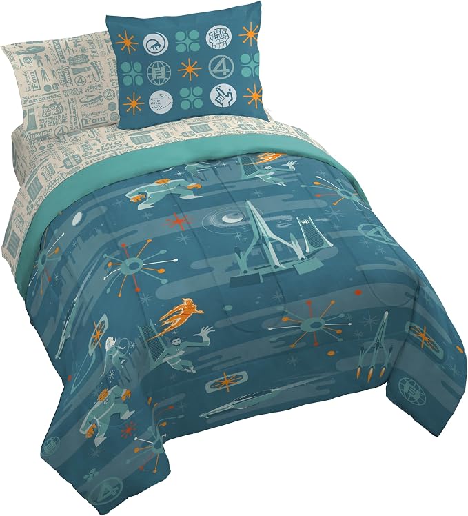 Marvel Fantastic Four Queen Comforter Set 7 Piece Superhero Bedding, Blue | Bed in a Bag, Comforter Sheets Shams Pillowcases, Official Product, Soft Microfiber, Machine Washable, Kids Gift