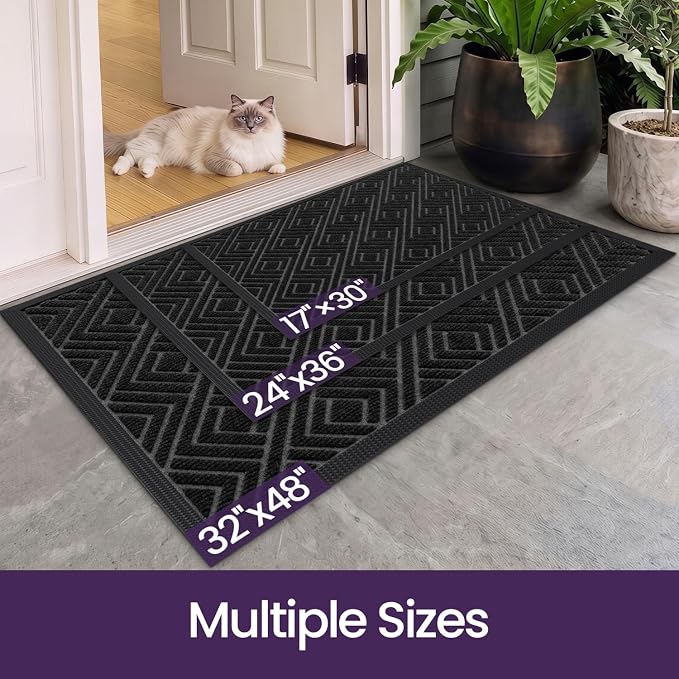 DEXI Front Door Mat Outside Entrance, 32x48 Heavy Duty Entry Doormat Dirt Trapper with Rubber Back, Non Slip Low Profile Floor Mats for Entryway Exterior Patio, Checkered Black
