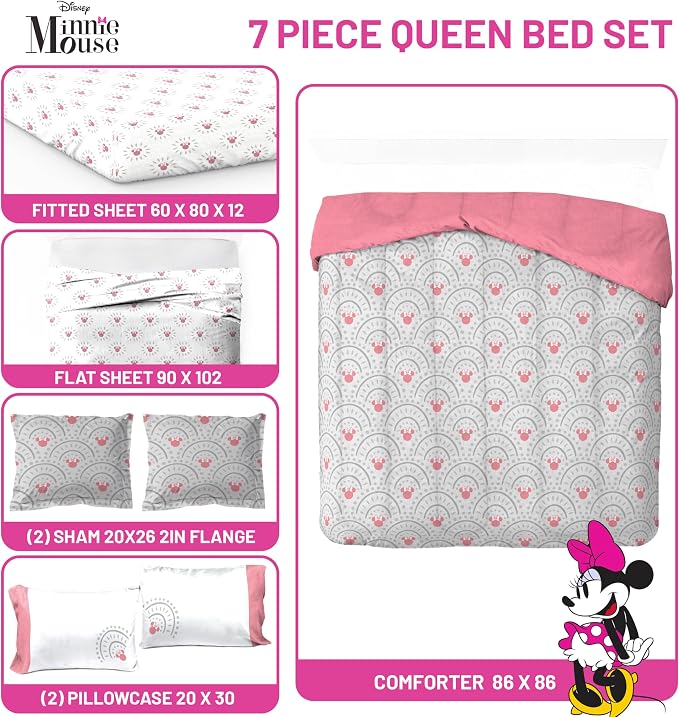 Disney Minnie Mouse Queen Comforter Set 7 Piece Bedding for Girls, Grey | Bed in a Bag, Comforter Sheets Shams Pillowcases, Official Product, Soft Microfiber, Machine Washable, Girls Gift