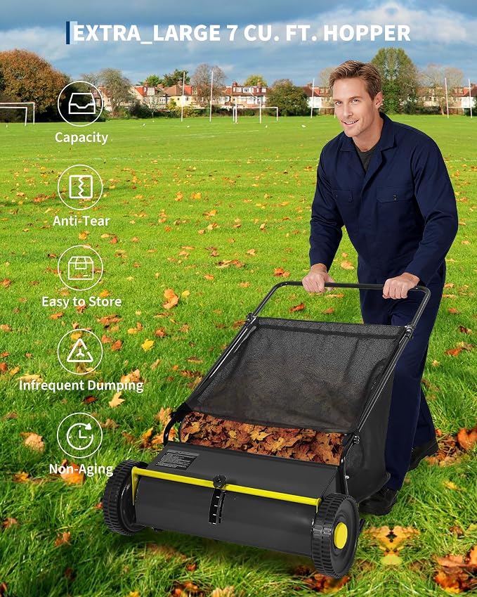 26 Inch Push Lawn Sweeper, 7 Cu.ft Large Capacity Leaf Collector with 4 Spinning Brushes, Adjustable Height Heavy Duty Steel Frame Lawn Sweeper with Rubber Wheels for Yard Garden Grass Leaves Debris