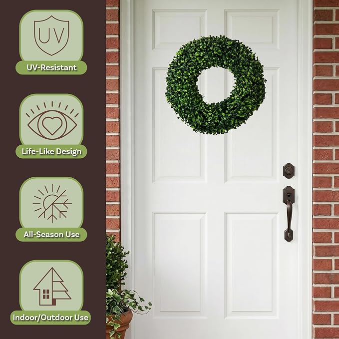 Pure Garden 16.5-Inch Boxwood Wreath Set of 2 - Round UV Resistant Artificial Spring, Winter, Fall, or Summer Wreath - Indoor/Outdoor Summer Wreaths for Front Door