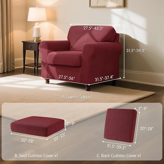 SUBRTEX 3 Pieces Stretch Sofa Slipcover Sets Couch Cover Sets Backrest Cushion Covers Furniture Protector Collection Set for Oversize Sofa Loveseat Chair Slip Covers(Small, Wine)