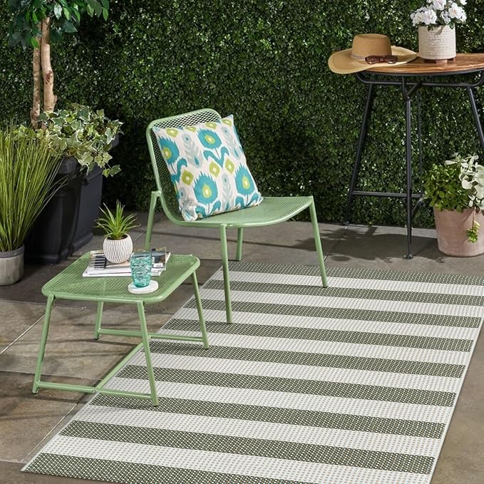 LEEVAN Outdoor Patio Rug 3x5, Washable Striped Front Porch Mat, Spring Colorful Outside Entryway Rug, Woven Welcome Doormat Green and White Buffalo Backyard Layered Mat for Entrance/Go Away/Deck
