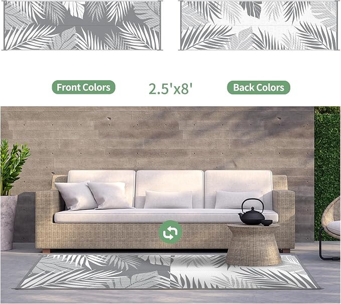 GENIMO Outdoor Rug, Waterproof Plastic Runner Rugs, 2.5'x8' Grey White | Outside Leaf Carpet Mat for Patio Decor, Porch, Deck, Balcony, Camping, RV, Picnic, Beach, Reversible, Foldable, Lightweight