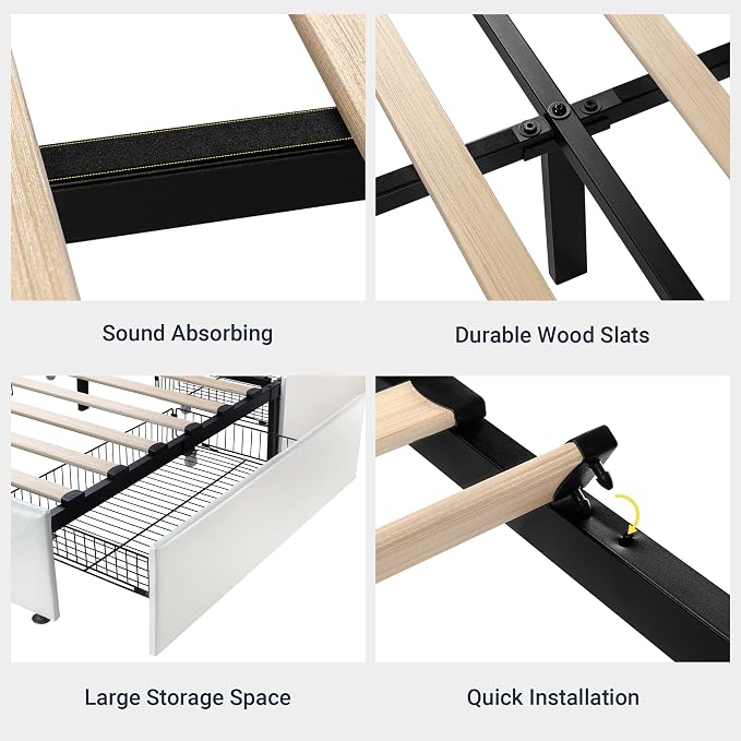 Allewie King Size Platform Bed Frame with 4 Storage Drawers and Headboard/Upholstered Diamond Stitched Button Tufted/Wooden Slats Support/Mattress Foundation/No Box Spring Needed/White