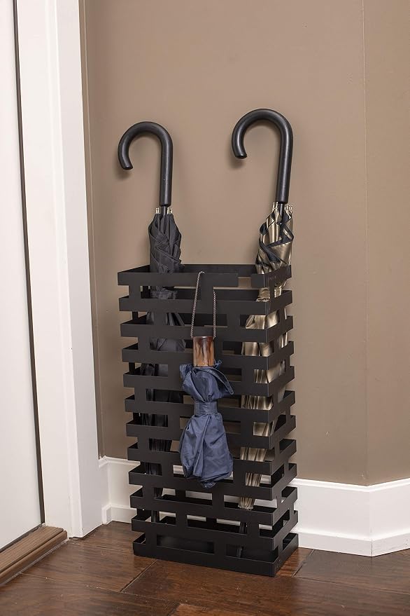 BIRDROCK HOME Decorative Umbrella Stand with Removable Water Tray - Large Freestanding Umbrella Rack and Cane Walking Stick Organizer - Metal Umbrella Holder for Entryway & Indoor Use - Black, Striped | Decorative Large Freestanding Rack and Cane Walki...