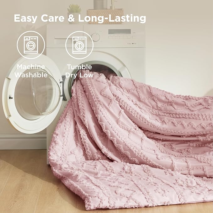 Bedsure Tufted Boho Comforter Set King Size - Pink Boho Bed Set, GentleSoft™ 3 Pieces Farmhouse-Style Embroidery Bedding, Gifts for Woman, Soft Jacquard Kids' King Comforter for All Seasons