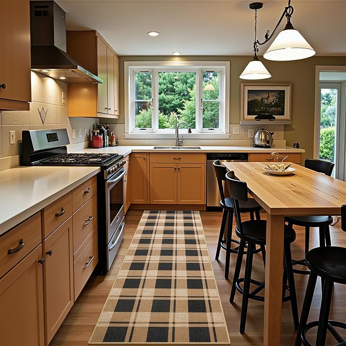 AROGAN Checkered Jute Runner Rug for Hallway, 2x8 Kitchen Runner Washable Rugs Carpet, Long Farmhouse Design Geometric Rugs for Entryway Indoor Laundry Welcome Mat 8 Ft Entry, Black and Brown