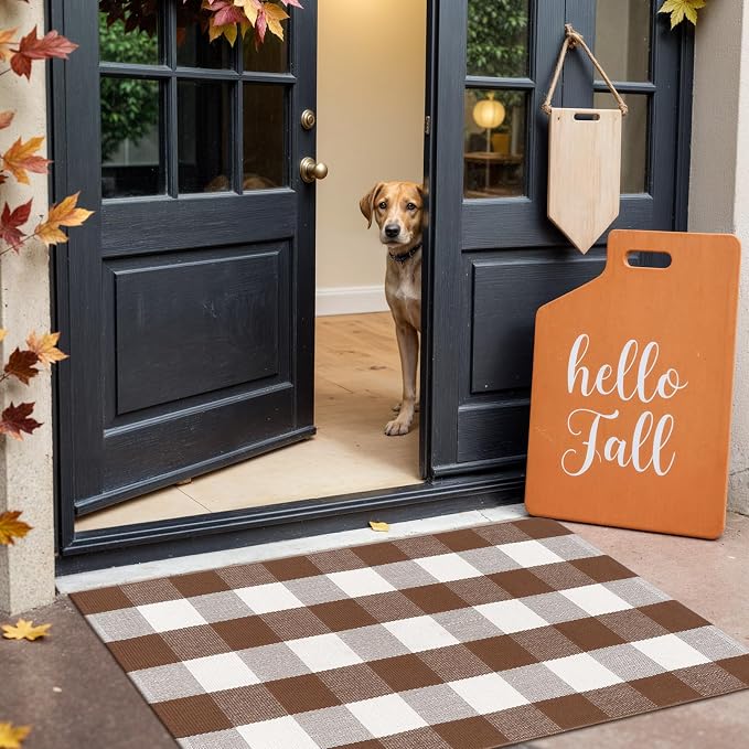 Collive Buffalo Plaid Checkered Outdoor Rug, Fall Autumn Decor Door Mat, 27.5x43 Inches Coffee and White Front Door Rug Outside Entrance, Washable Welcome Layered Doormat for Porch Entryway Patio